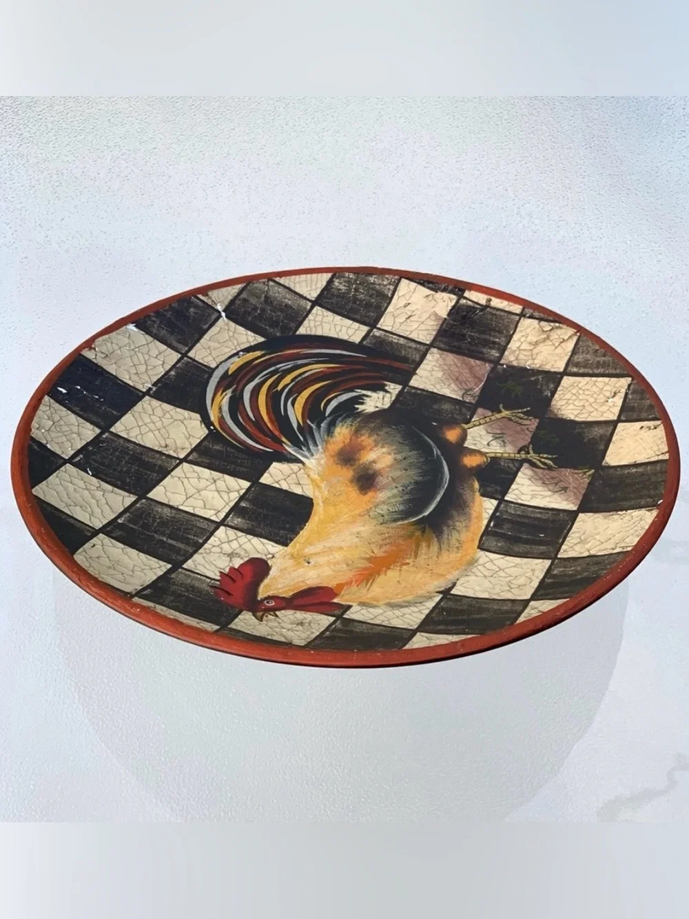 Farmhouse Rooster Checkerboard Ceramic Hand Painted Decorative Plate
